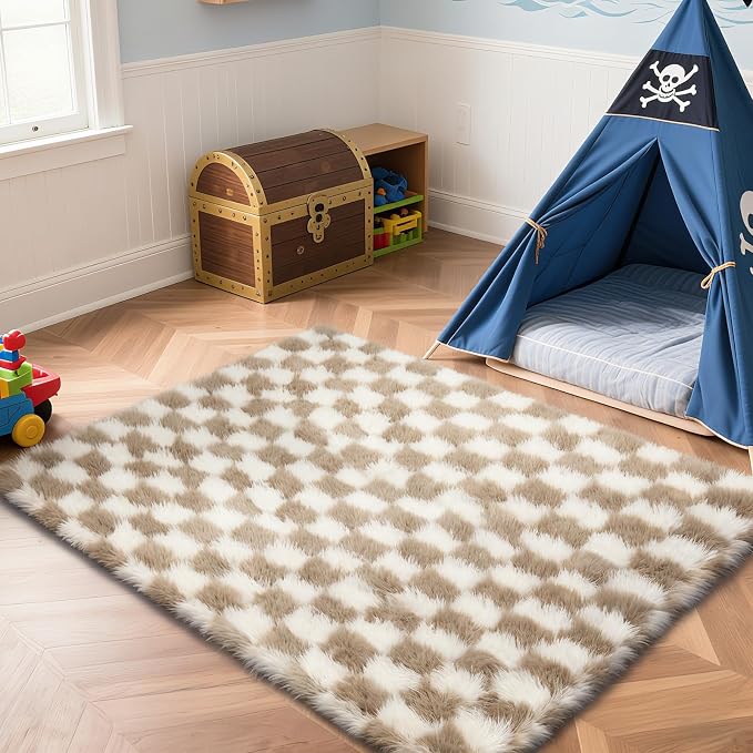Checkered Rug for Living Room, 6x9 Beige and White Area Rugs, Classic Checkered - Image 3