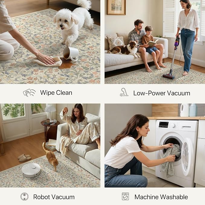 GENIMO 5x7 Washable Area Rug, Non-Slip Vintage Boho Floral Carpet, Soft - Image 7