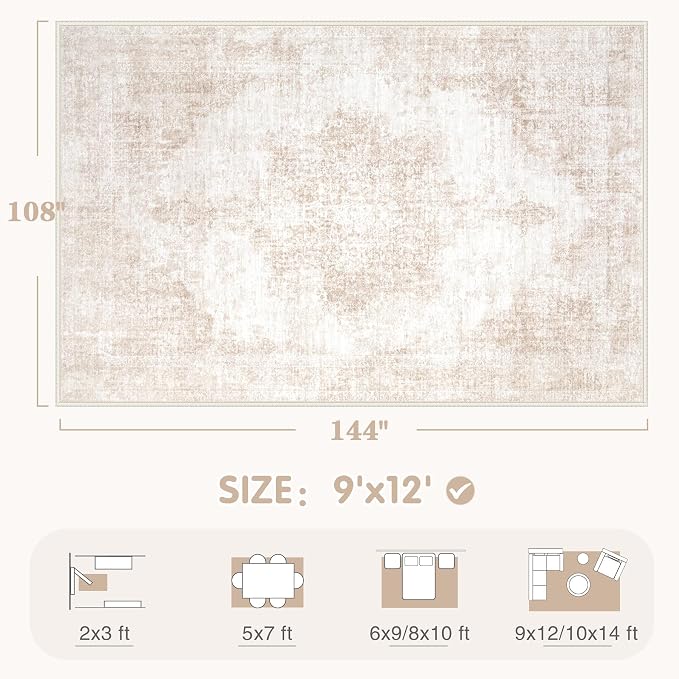 Area Rug 9x12 Vintage Rugs: Large Washable Living Room Rug Retro Medallion - Image 2