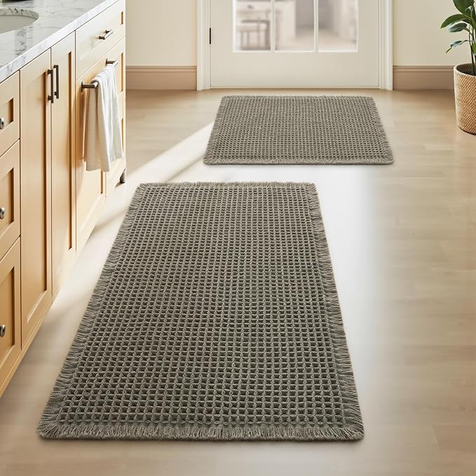 Upgraded Waffle Bath Mat Set of 2, Super Absorbent Non Slip Bath Mats by AMOAMI