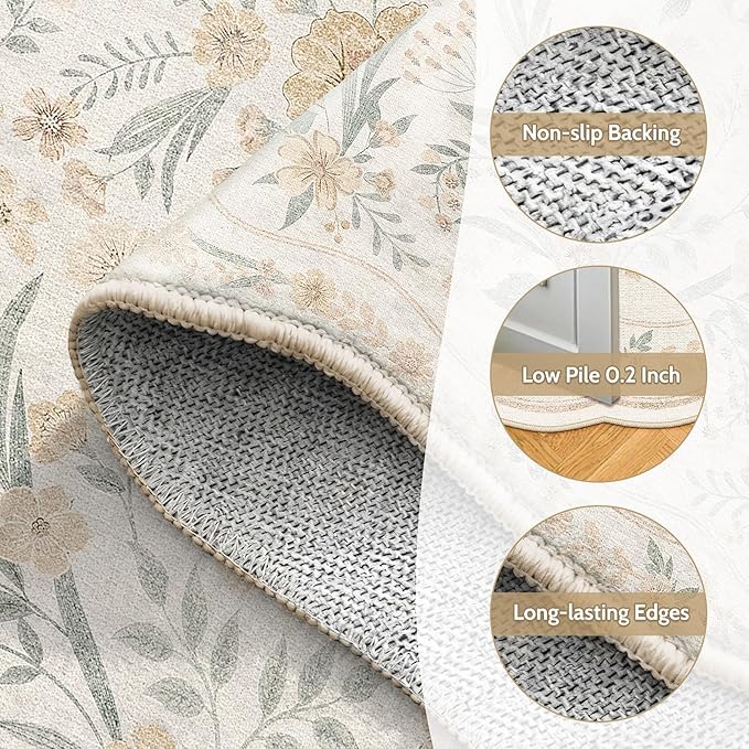 Scalloped Floral Rug 5x7, Neutral Beige Washable Non Slip Area Rug - Image 5