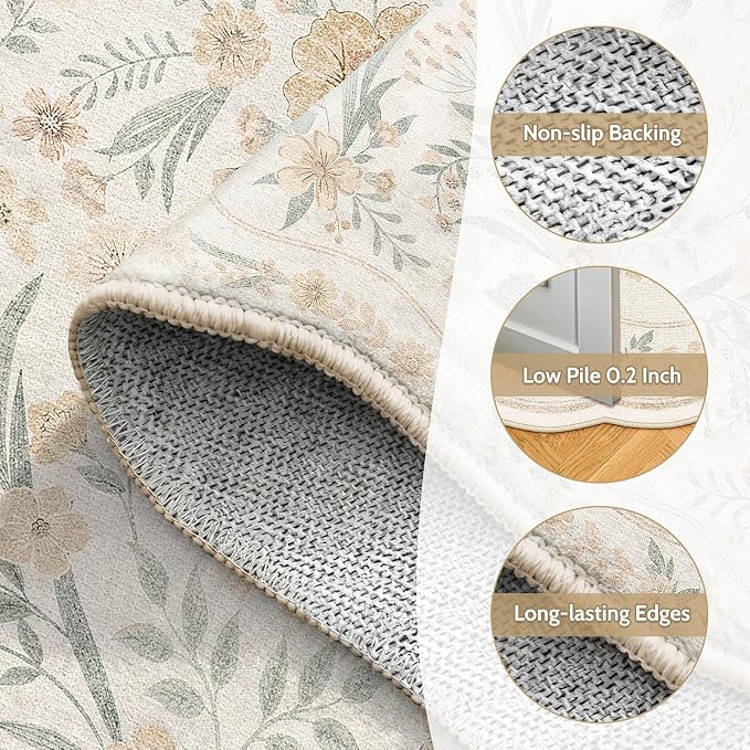 Scalloped Floral Rug 8x10, Neutral Beige Washable Non Slip Large Area Rug - Image 5