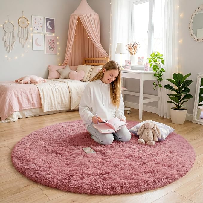 Blush Fluffy Round Rug 5Ft for Bedroom, Fuzzy Plush Circle Area Rugs for Baby - Image 2