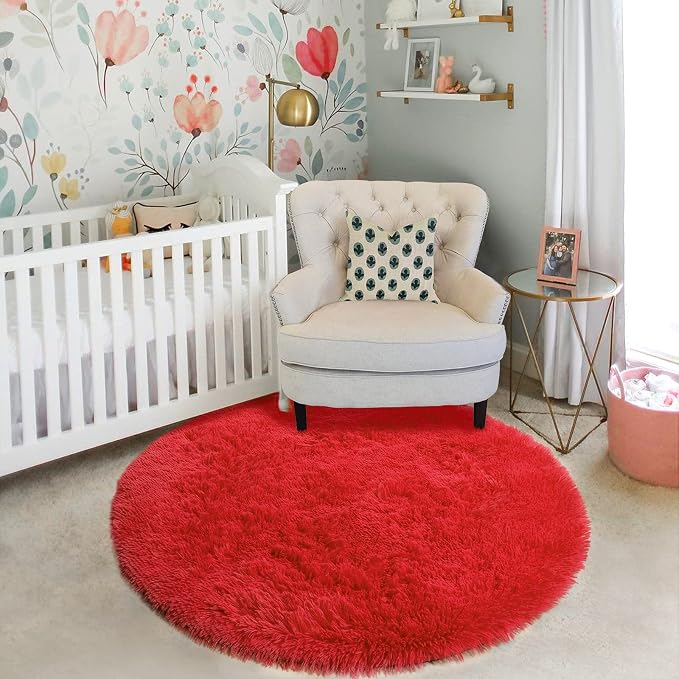Red Small Round Rug 3Ft for Boys Bedroom, Fluffy Shag Circle Area Rugs for Kids - Image 7