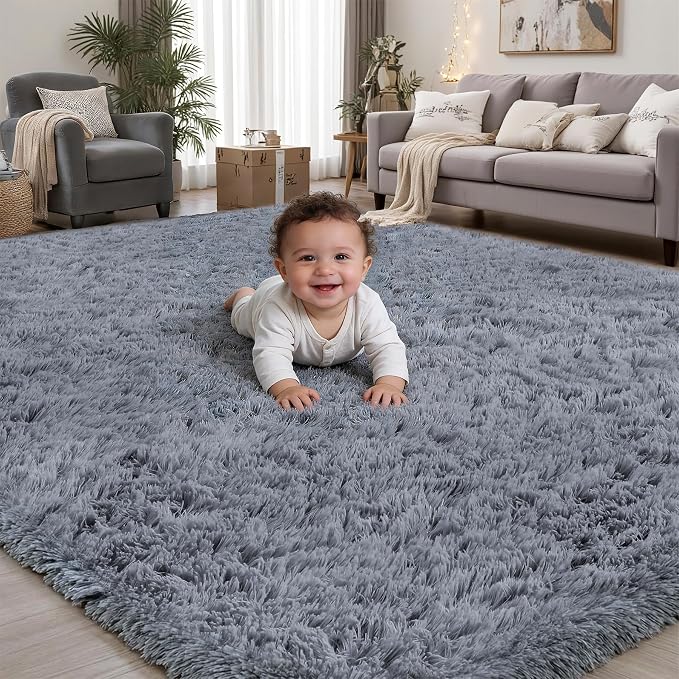 Area Rug for Living Room Bedroom: 4x6 Grey Soft Fluffy Shag Upgrade Non-Slip by PLHXFRSoftAreaRugs