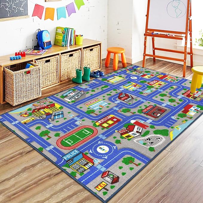 Capslpad Blue Car Road Kid Rug Carpet Playmat by CapslpadDirect