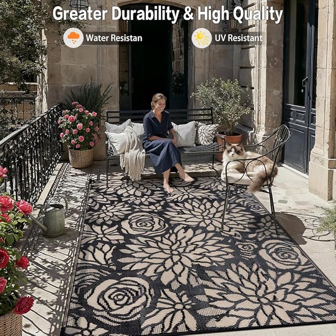 Outdoor Plastic Straw Rug Waterproof Patio 10x14 Black Brown Floral Mat - Image 5