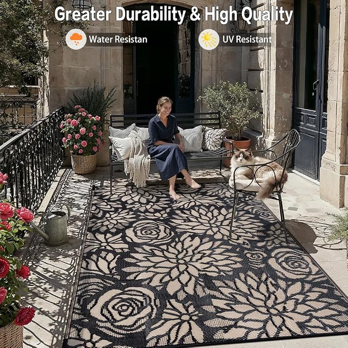 Outdoor Plastic Straw Rug Waterproof Patio 8x10 Black Brown Floral Mat - Image 6