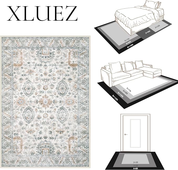 XLUEZ Area Rug 9x12 Living Room Rug, Machine Washable Vintage Distressed Boho - Image 8