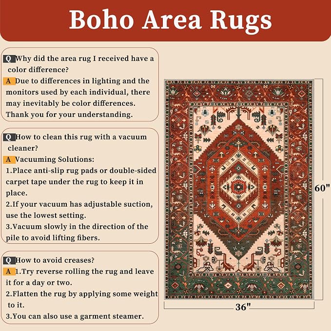 SERISSA Area Rug 3x5 Boho Rugs for Bedroom, Washable Non-Slip Living Room Rug - Image 2