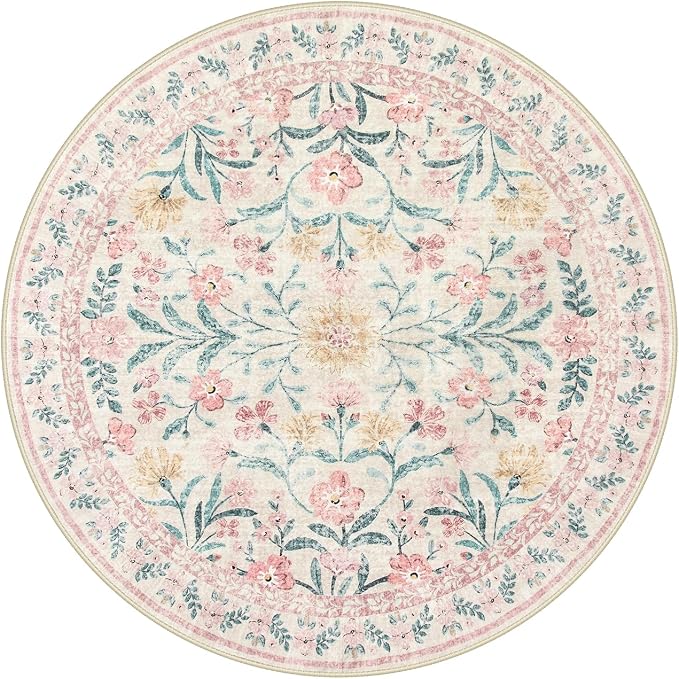 Wonnitar Pink Floral Round Rugs 5ft, Soft Circle Rug Non Slip Washable Round - Image 10