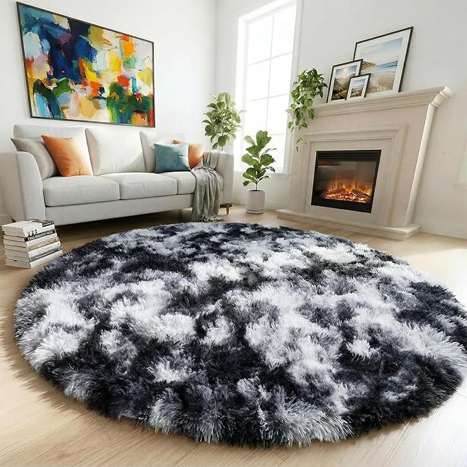Amdrebio Black White Grey Circle Rug 6Ft Round Area Rugs by Amdrebio