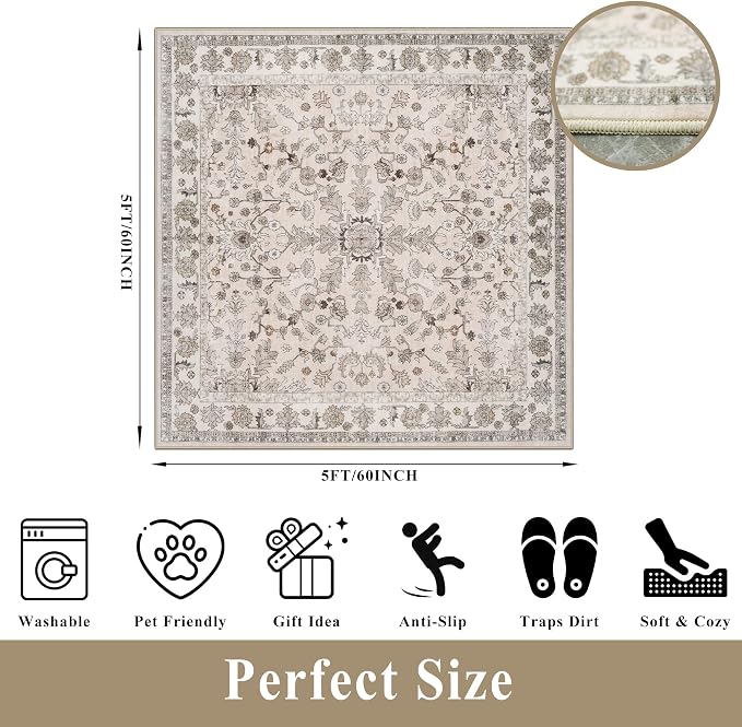 5x5 Square Washable Rug for Living Room: Non Slip Indoor Entryway Foot Carpet - Image 2