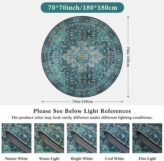 Moynesa Ultra-Thin Washable Round Rug - 6ft Teal Large Living Room Circle Area - Image 2