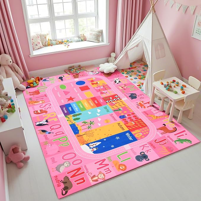 Pink Kids Rug for Playroom Classroom, ABC Alphabet Numbers Play Toddlers Rugs by VisittheFlagover
