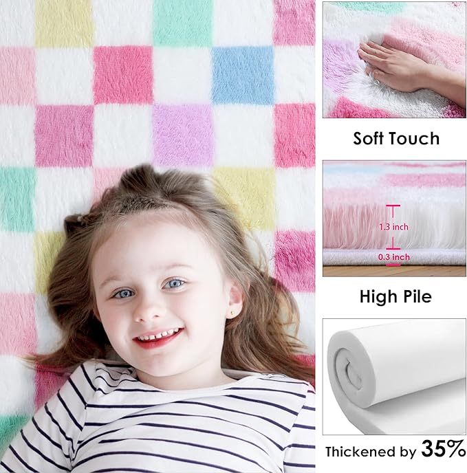 KICMOR Checkered Rug 8x10 for Living Room, Rainbow Colorful Fluffy Soft Large - Image 2