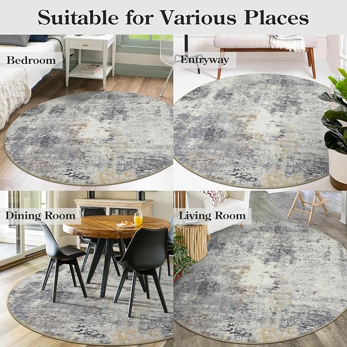 Lahome Modern Abstract Round Rug - 5Ft Grey Living Room Rugs Washable 5x5 - Image 6