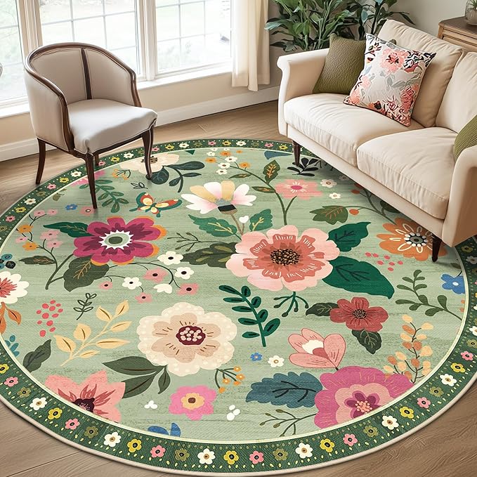 RELEANY Floral 8ft Area Rugs Washable Print Boho Cute Carpet Non Slip Flower by RELEANY