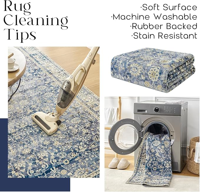 Machine Washable Area Rugs 4x6 Blue Low Pile Soft Carpet - Image 4