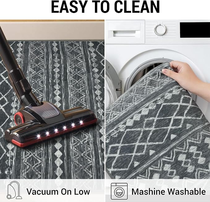KUTA 2x6 Washable Runner Rug Non-Slip, Dark Grey Beige Moroccan Boho Rug Runner - Image 5