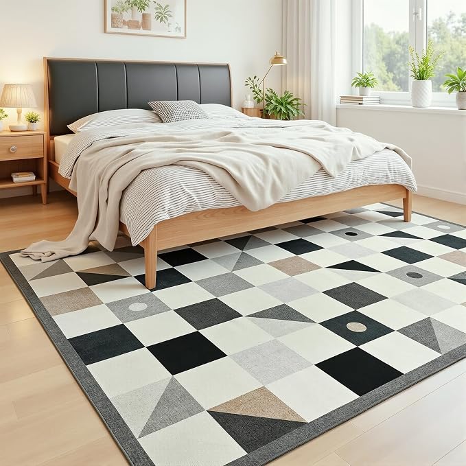 Terrug Grey and Beige Geometric Checkered Rug - Image 3