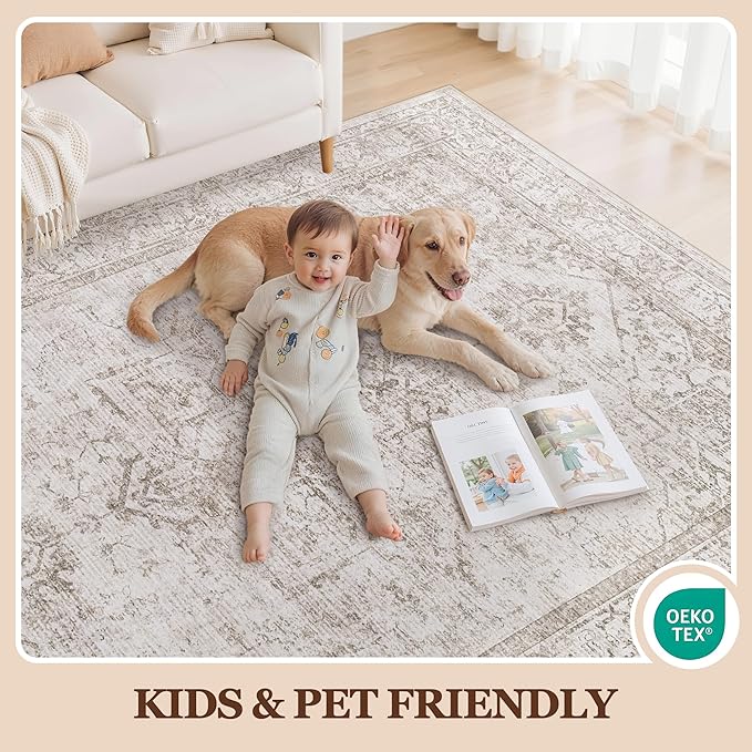 9x12 Area Rugs for Living Room:Beige Washable Vintage Medallion Carpet Non-Slip - Image 5