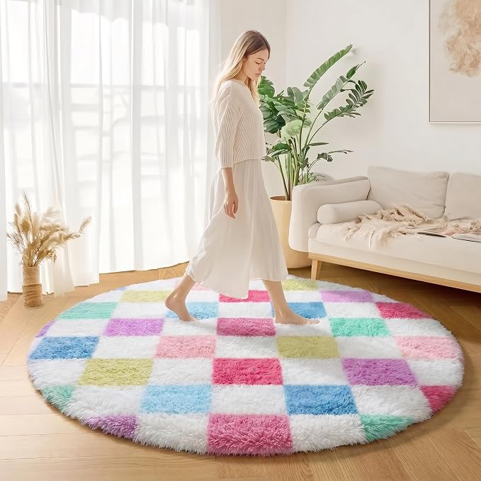 KICMOR Pink Rainbow Round Rug for Bedroom Girls, Cute Fluffy Soft 4ft Circle - Image 7