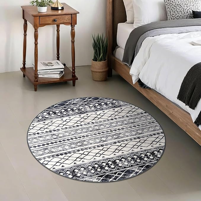 KUTA Round Washable Rug 3Ft Boho Black Navy Blue Entryway Rugs, Moroccan Foyer - Image 3