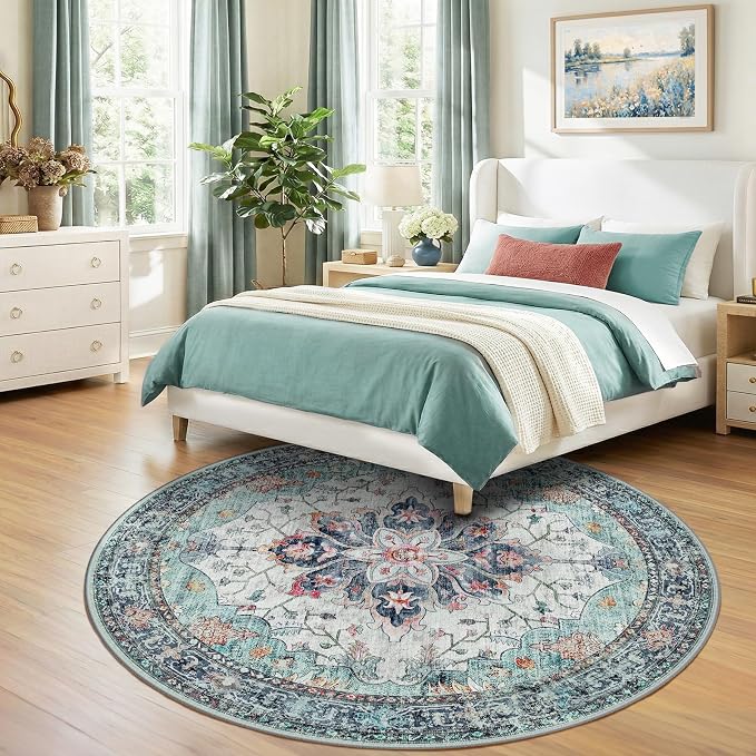 RELEANY Area Rugs Round 7ft Washable Non-Slip, Floral Vintage Distress - Image 2