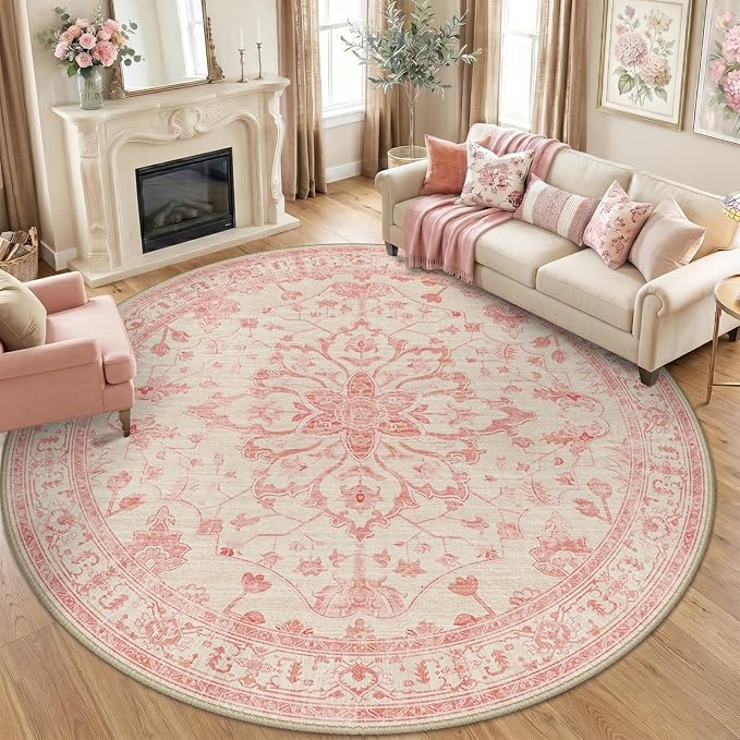 RELEANY Area Rugs Round 8ft Washable Non-Slip, Floral Vintage Distress by RELEANY