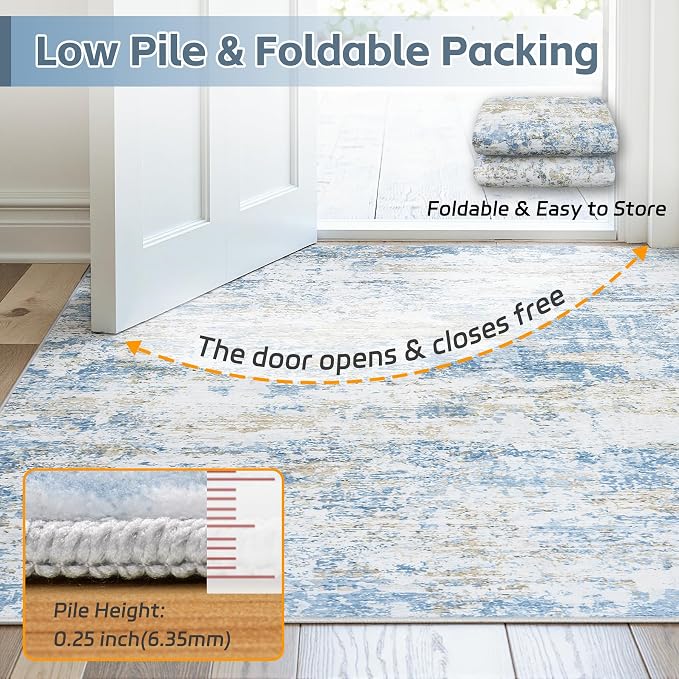 Area Rug 9x12 Living Room Rug Washable: No-Slip Abstract Soft Thin Large Blue - Image 7