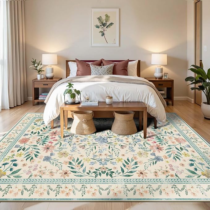 Rugxara Floral Rug for Living Room Bedroom, 6x9 Washable Rug, Vintage Boho Style - Image 2
