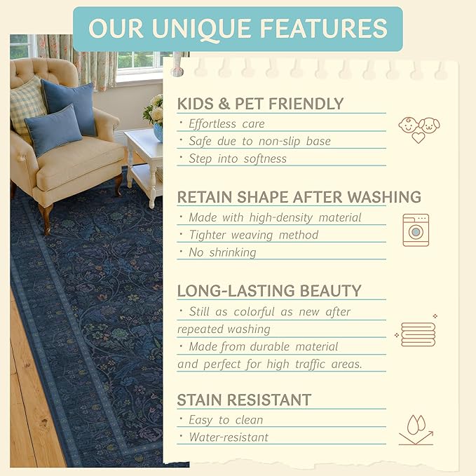 2'6"x8' 8ft Kitchen Runner Rugs Washable, Dark Blue Long Runner Rugs Non Slip - Image 7