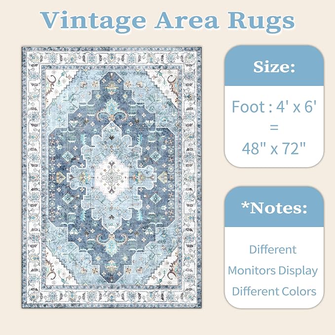 SERISSA Area Rug 4x6 Boho Rugs for Bedroom, Vintage Blue Washable Non Slip Rugs - Image 7