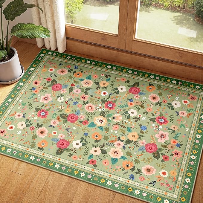 2x3 Area Rugs, Washable Floral Rug, Low Pile Non-Slip Carpet, Flower Rug by meejou