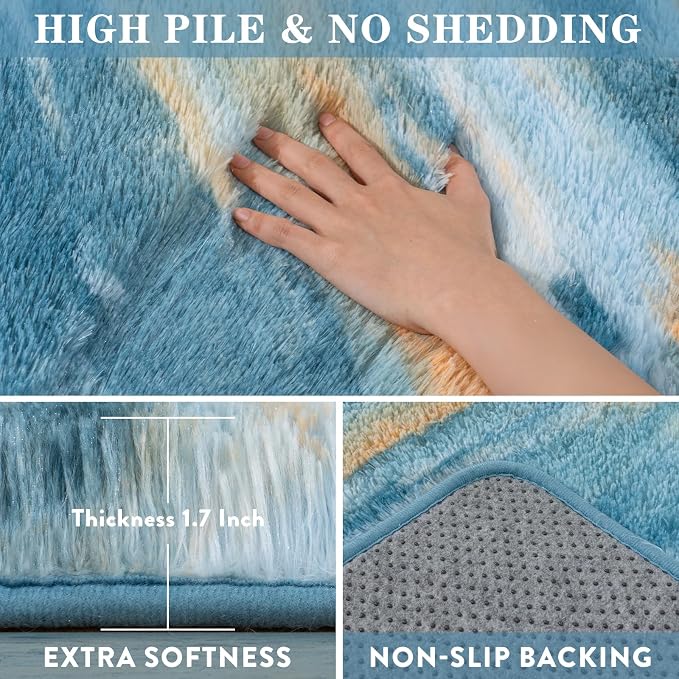 Fluffy Rugs for Living Room Bedroom, 5x7 Feet Abstract Blue Shag Area Rugs - Image 5