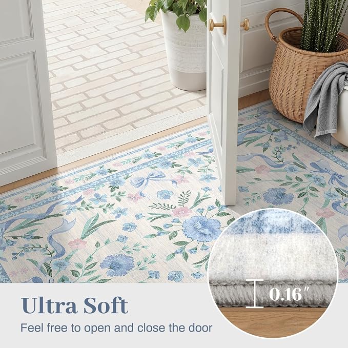 Blue Floral Rug 3x5 for Girls Bedroom or Nursery, Cute Bow Washable Area Rug - Image 5