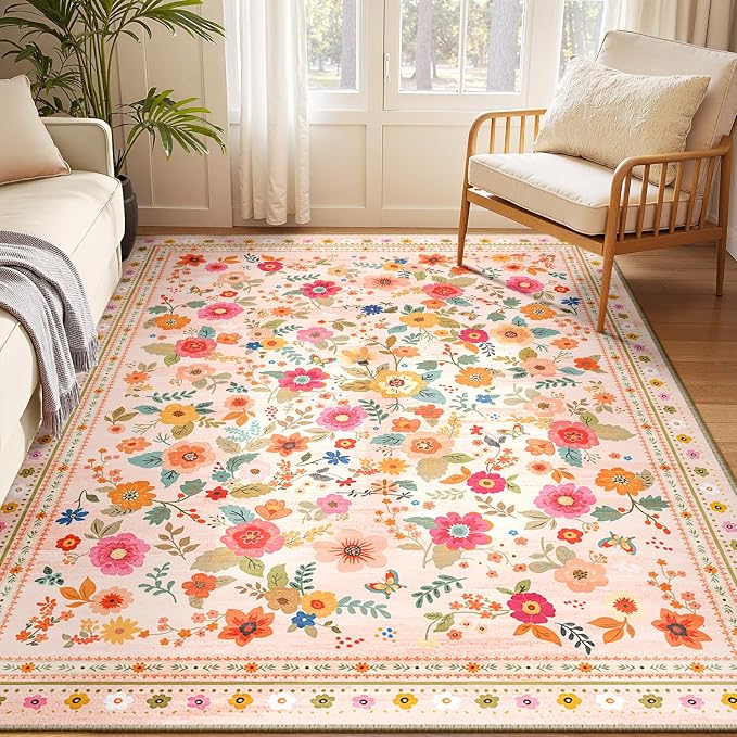 5x7 Area Rugs, Washable Floral Rug, Low Pile Non-Slip Carpet, Flower Rug by meejou