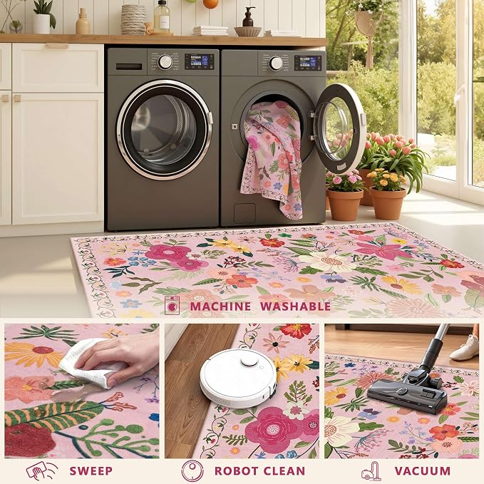 Latte&Fog Floral Area Rugs 6x9, Large Washable Pink Rugs - Image 8