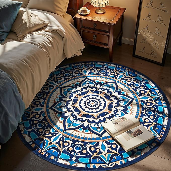 jinchan Mandala Round Rug 5ft Blue Boho Washable Rug Moroccan 5' Round Modern - Image 4