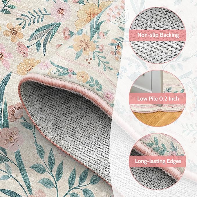 Scalloped Door Mat 2x3 Small Pink Floral Washable Entryway Rug | Soft Low Pile - Image 5