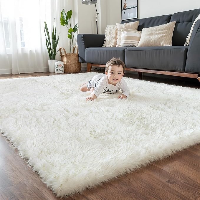 KICHOWUA Thick Area Rug 5x8 Cream White Fluffy Shag by KICHOWUA