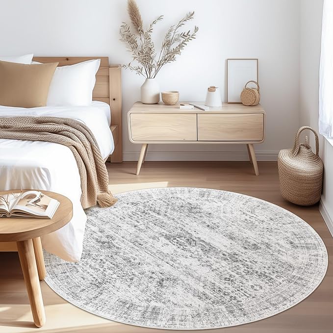 Soalmost 6x6 Grey Round Rug 6ft Living Room Circle Rug Gray Vintage Round Area - Image 7