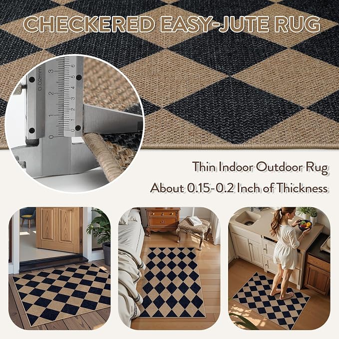 Lahome Colette Checkered Easy Jute Kitchen Rug, 2x3 Indoor Door Mat Small - Image 5