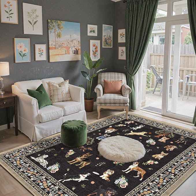 Area Rug 4x6 Black Dog Rug, Washable Rugs Non Slip Low Pile Floral Dog Small - Image 2