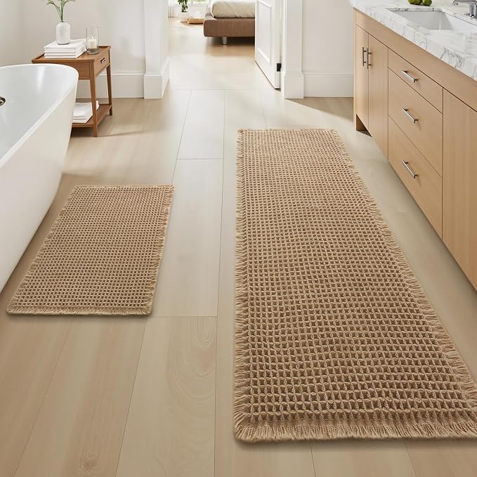 Upgraded Waffle Bath Mat Set of 2, Super Absorbent Non Slip Bath Mats by AMOAMI