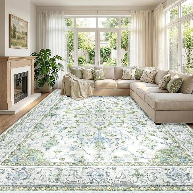 RELEANY Area Rugs Large 10'x14' Washable Non-Slip, Floral Vintage Distress by RELEANY