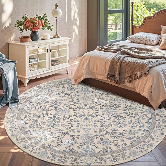 jinchan Zenith Round Rug 7ft Area Rug Soft 7'Round Vintage Floral Rug Non-Slip - Image 3