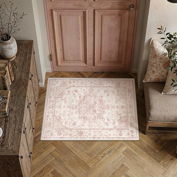 2x3 Washable Neutral Area Rug Pink Vintage Entryway Kitchen Carpet Non-Slip by WondRg