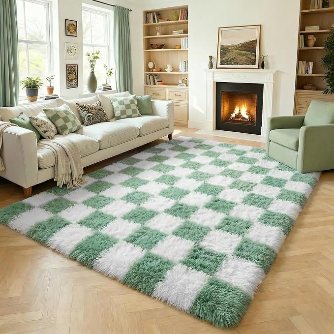 KICMOR Fluffy Sage Green and White Rugs Living Room Carpet, 5x7 Large Fuzzy by KICMOR